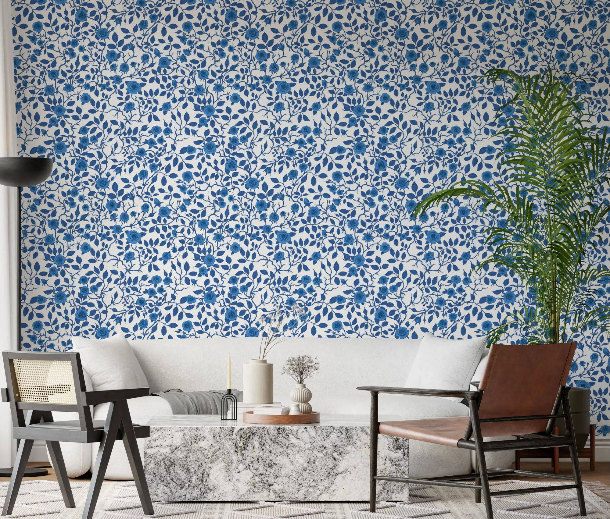 Living room wallpaper with monochrome blue rose floral repeat., GD10556