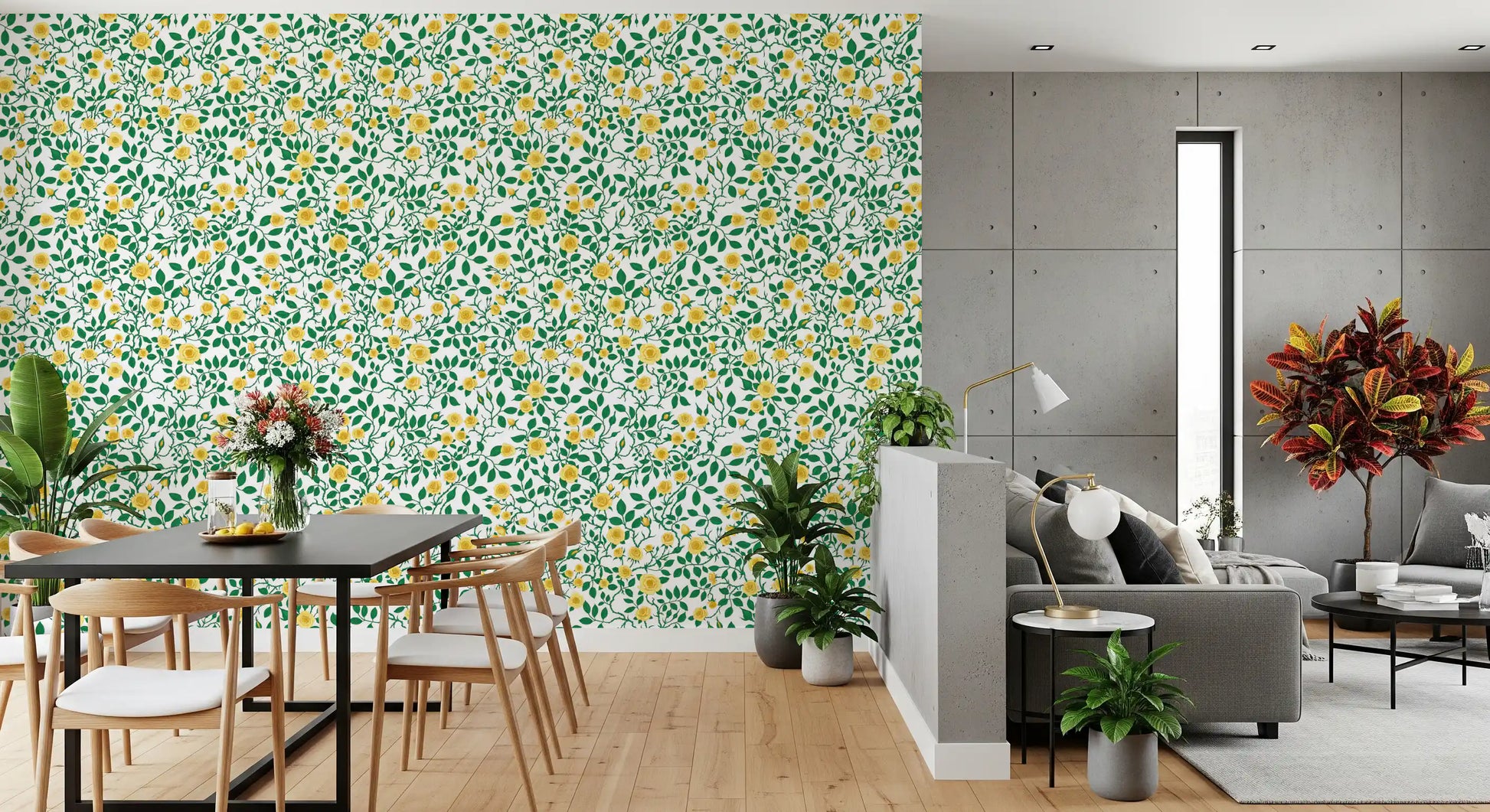 Yellow and green wallpaper with trailing rose vine repeat on white base.