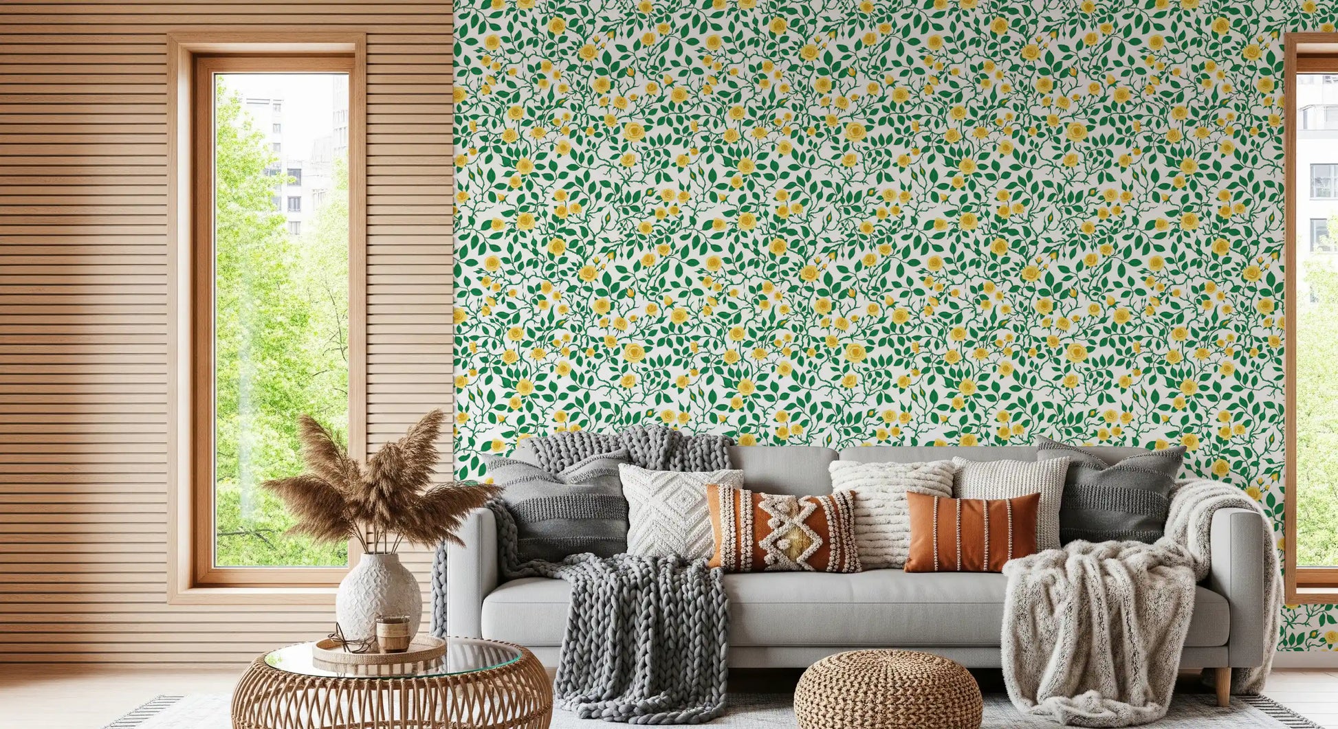 Golden bloom rose wallpaper with green leaves on white in living area.