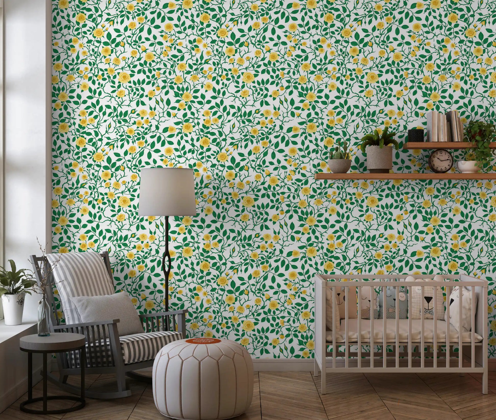 Yellow floral vine wallpaper with open blooms and tight rose buds in nursery.