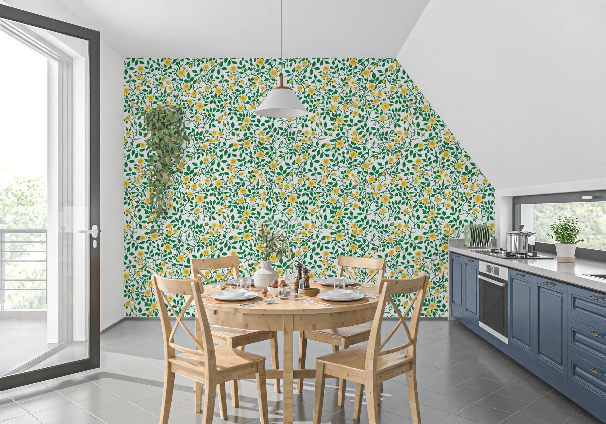 White background wallpaper with dense yellow rose and green leaf repeat.
