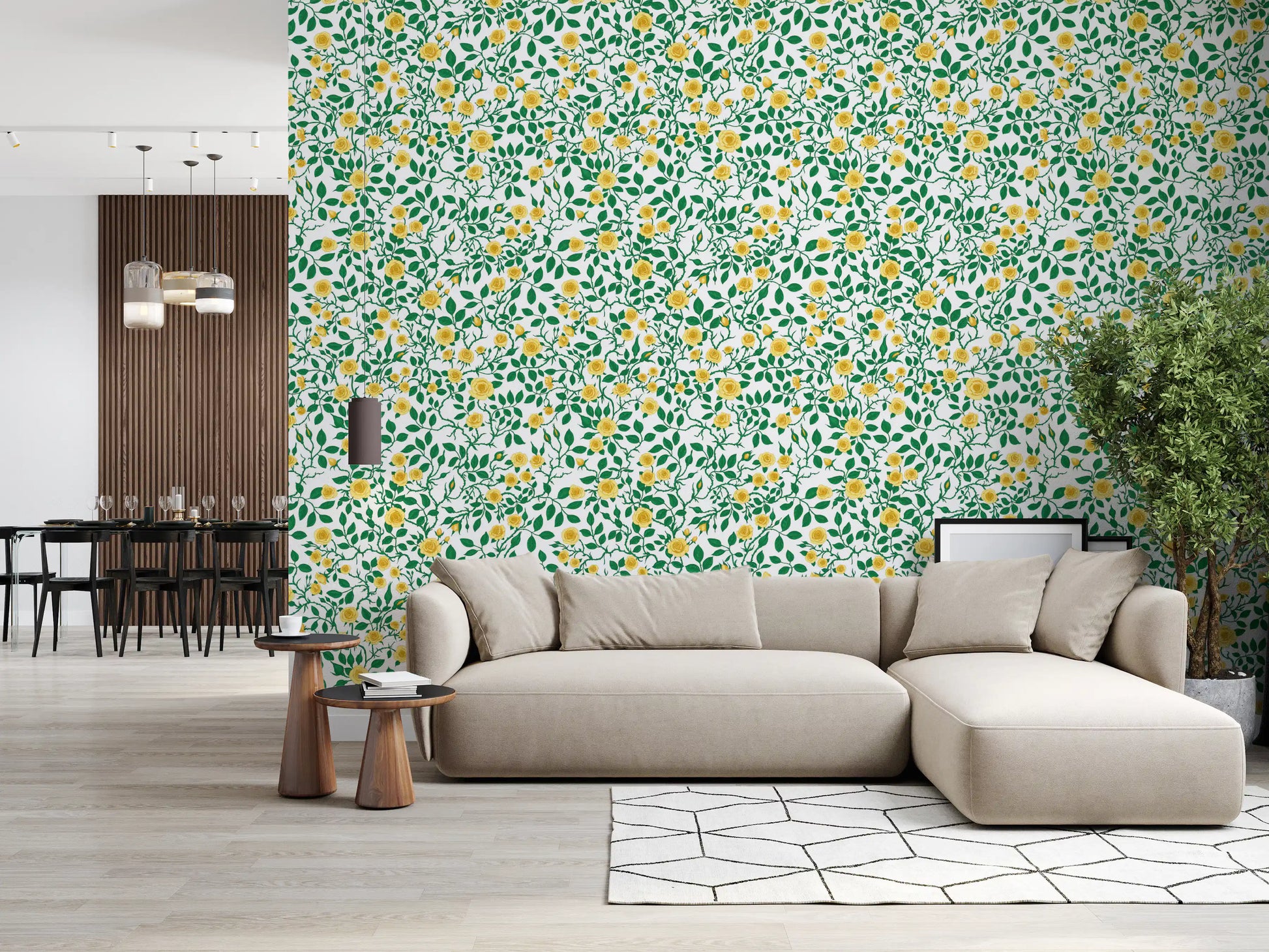 Golden rose wallpaper with climbing green stems and pointed leaves.