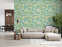 Golden rose wallpaper with climbing green stems and pointed leaves.