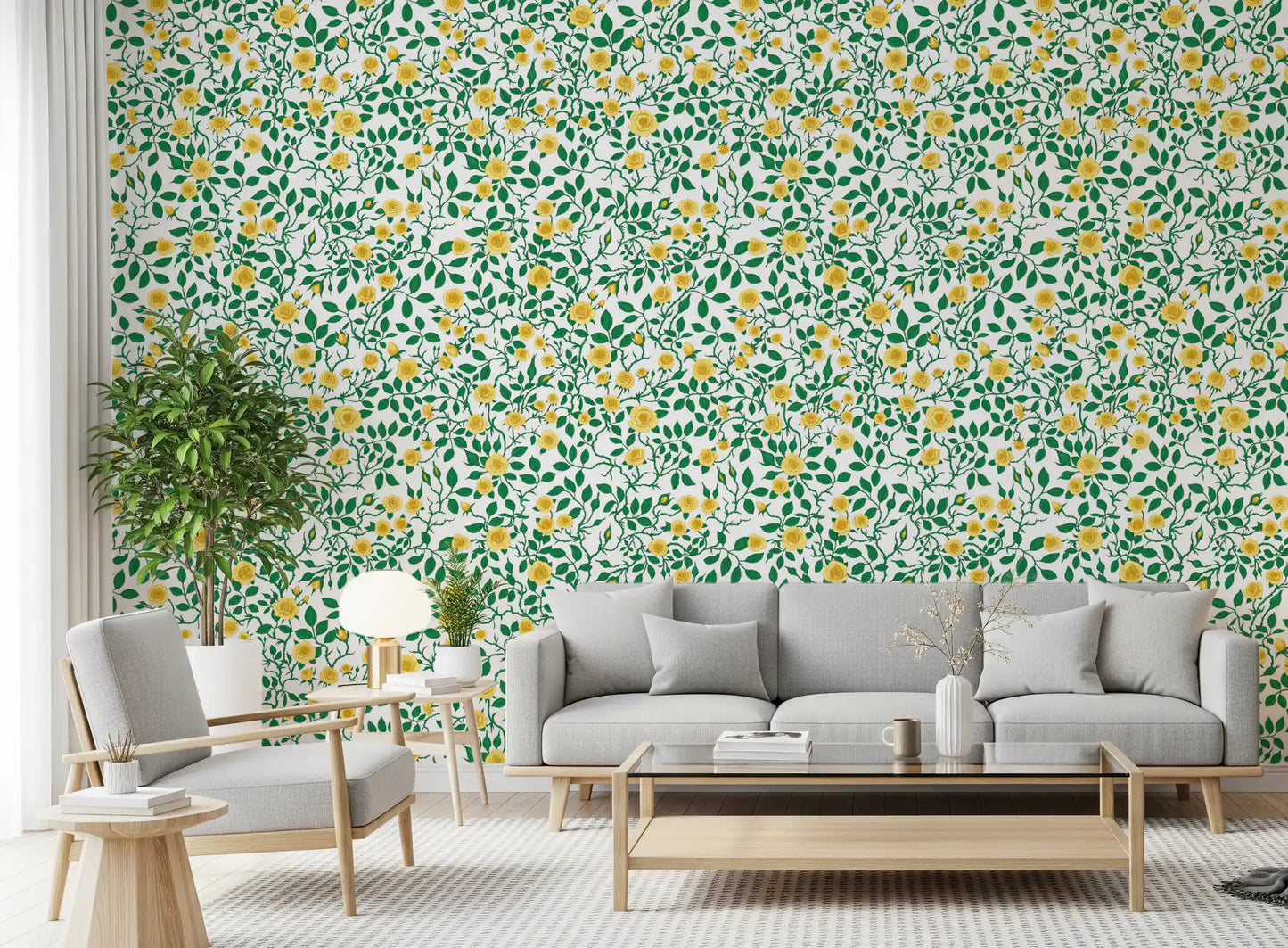 Golden yellow wallpaper with rose vine clusters and deep green foliage.