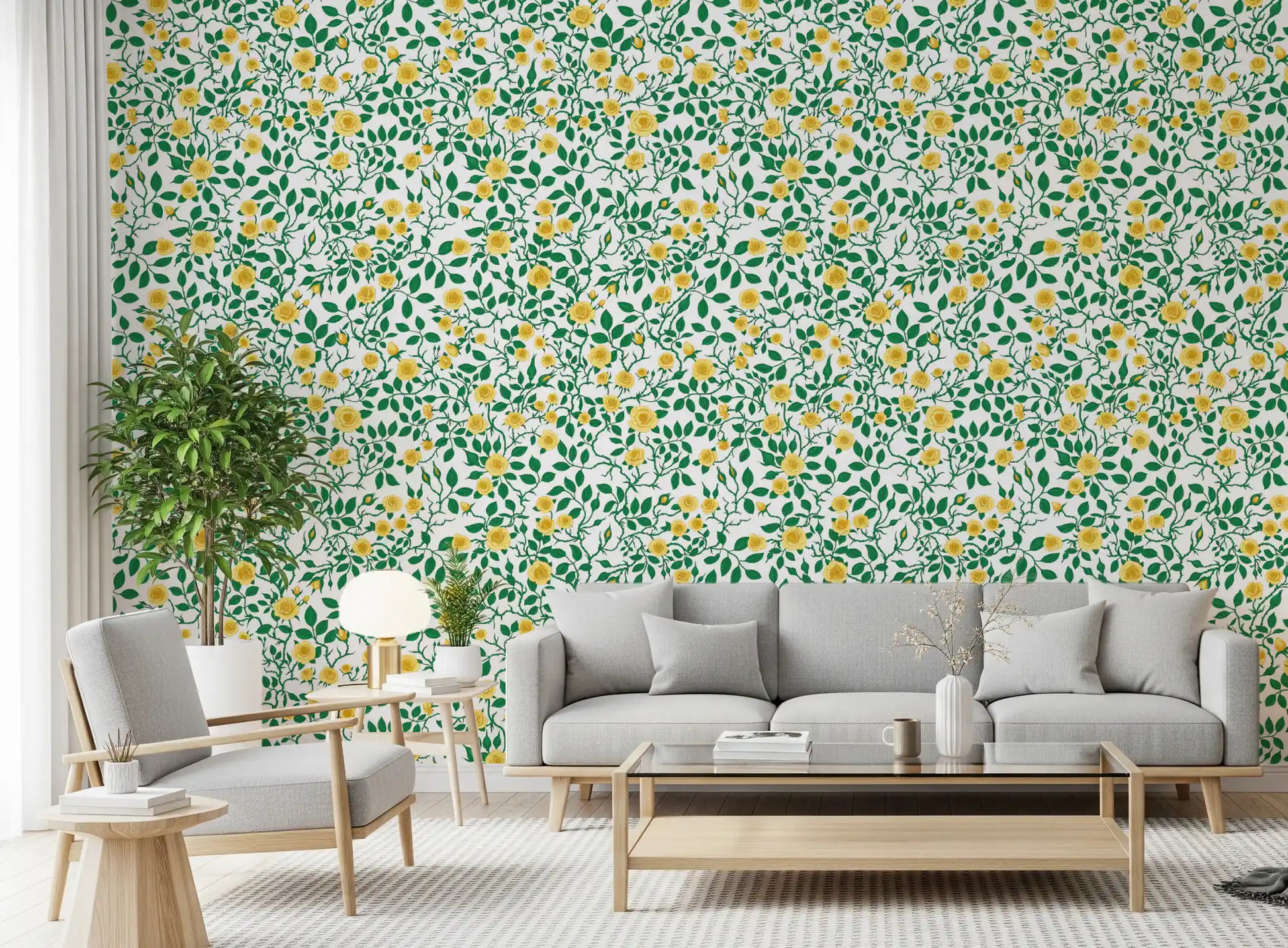 Golden yellow wallpaper with rose vine clusters and deep green foliage.