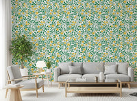 Golden yellow wallpaper with rose vine clusters and deep green foliage.