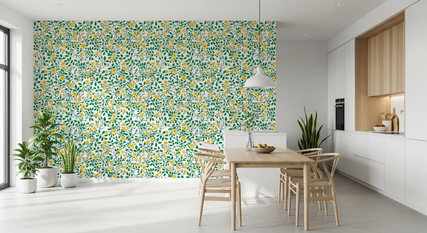 Rose trellis wallpaper with green thorny branches and yellow buds.