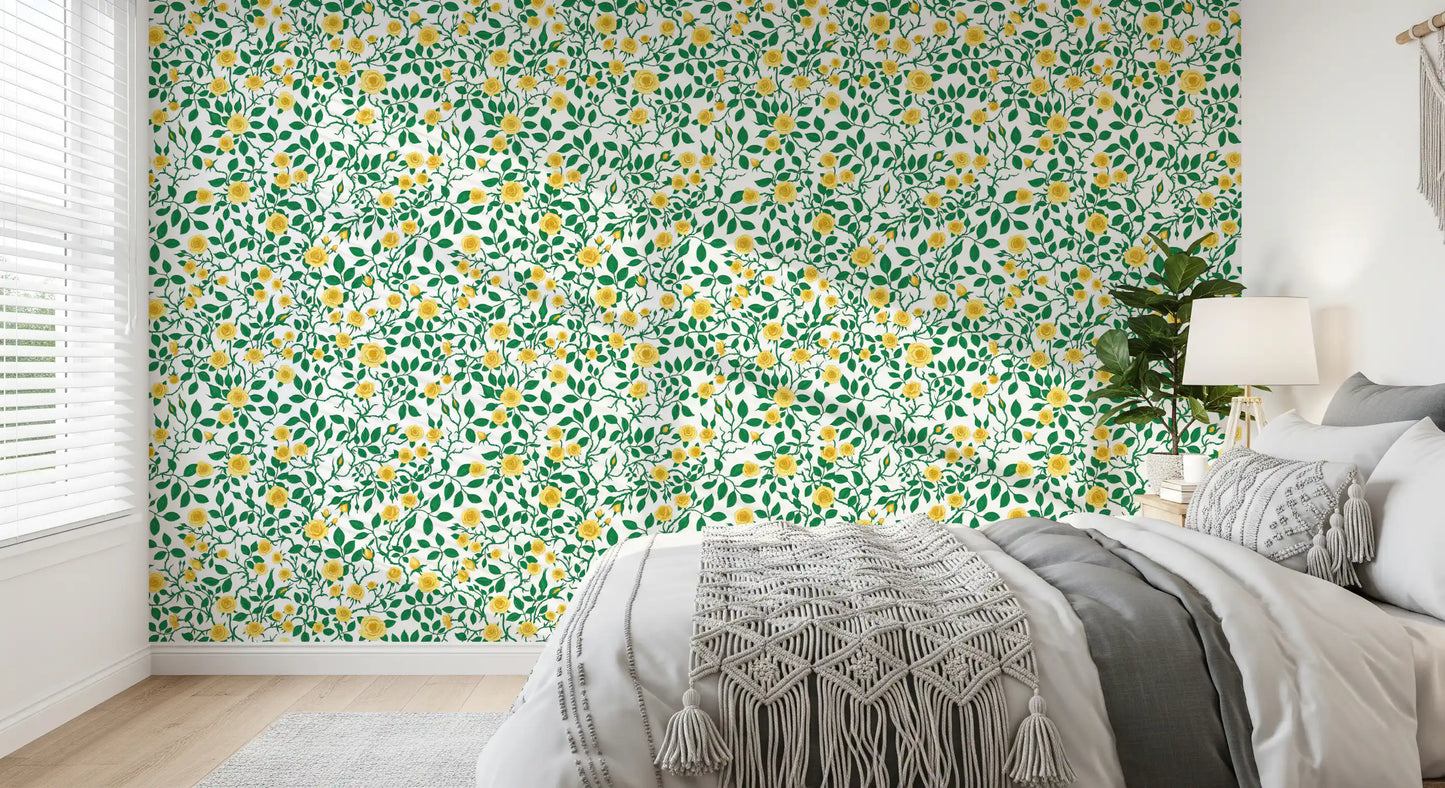 Bedroom wallpaper with yellow roses and green trellis vines on white.