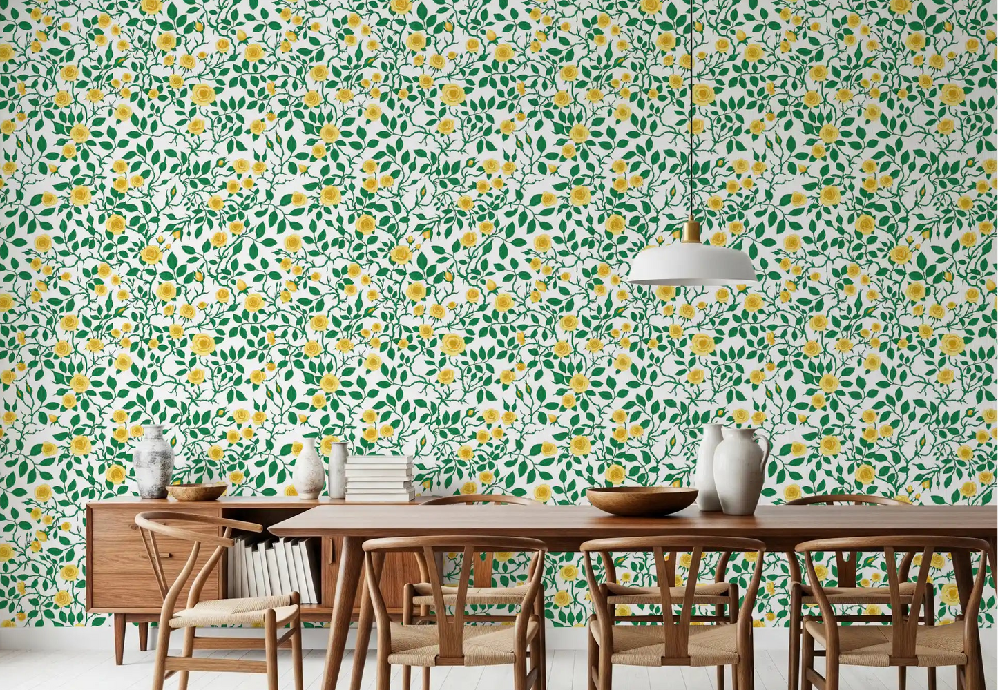 Dining room wallpaper with golden bloom rose and green leaf pattern.