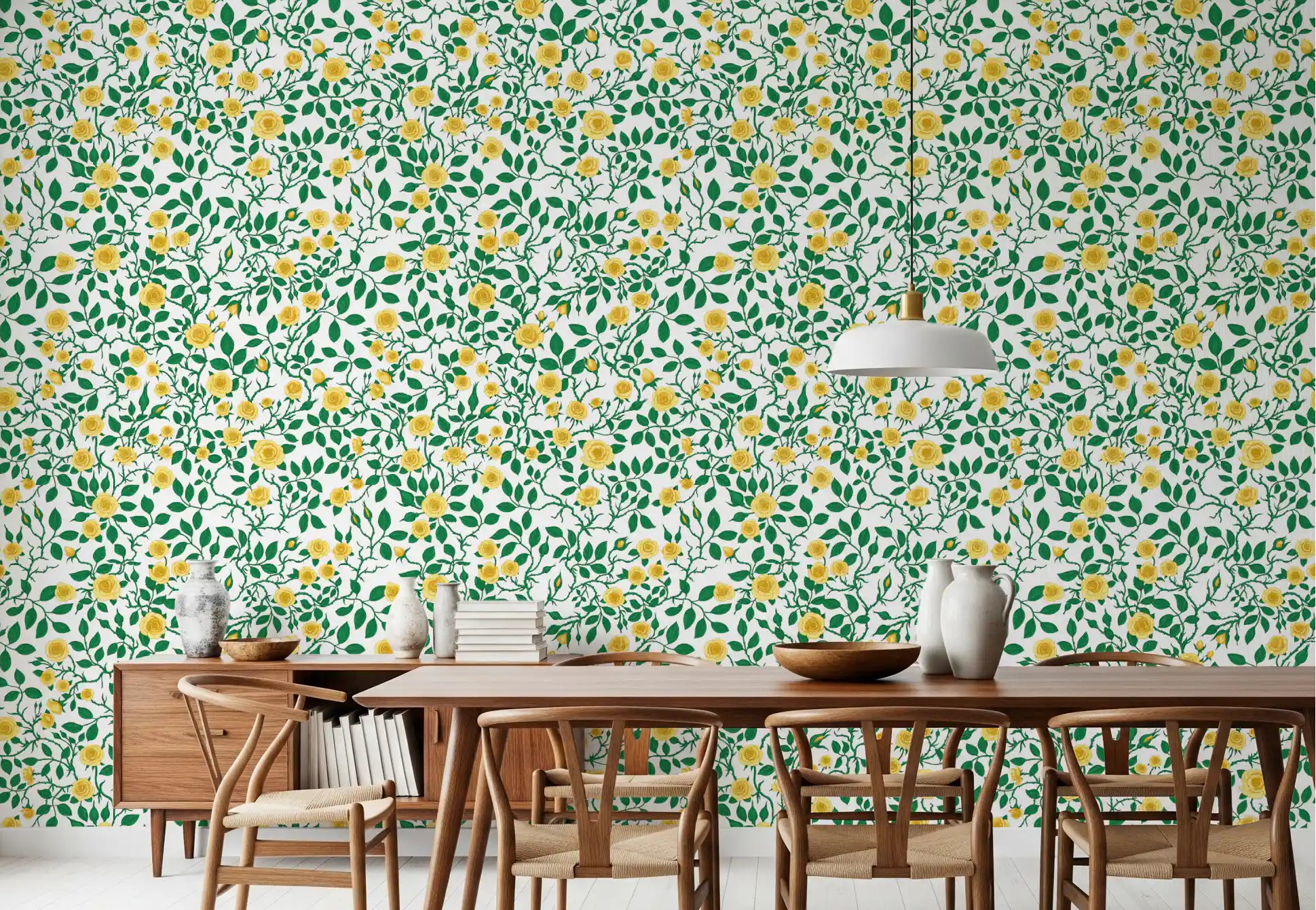 Dining room wallpaper with golden bloom rose and green leaf pattern.
