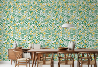 Dining room wallpaper with golden bloom rose and green leaf pattern.