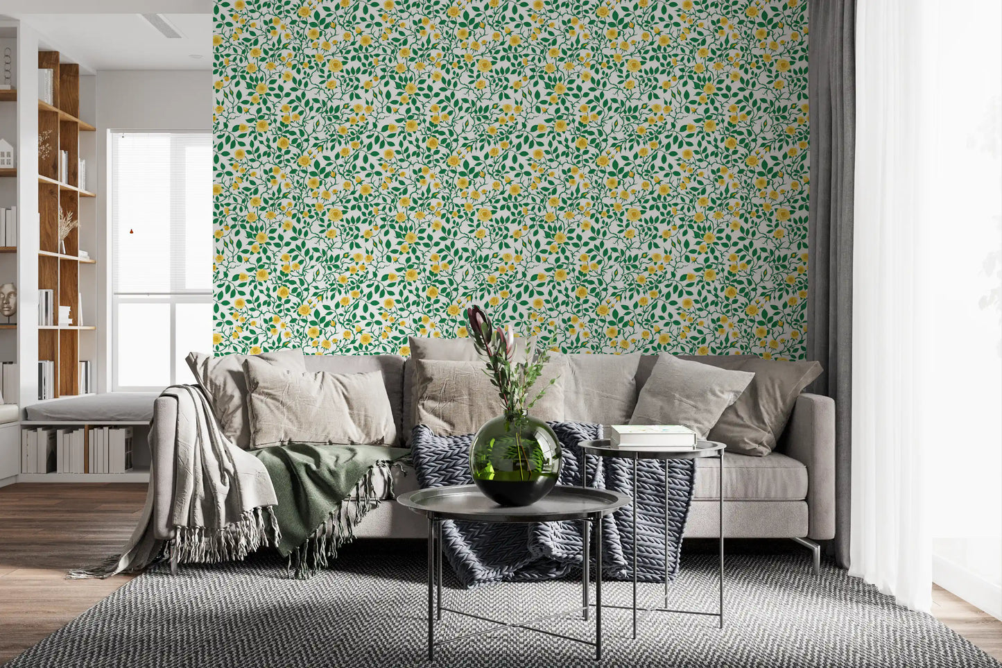 Wallpapoer showing yellow rose and green vine trellis pattern.