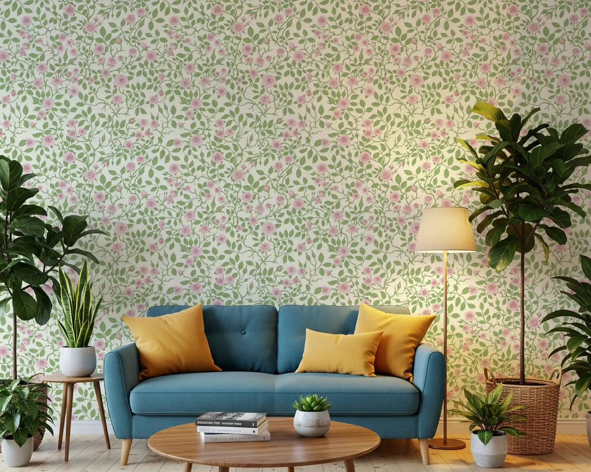 Hallway wallpaper with blush rose vine and green leaf repeat pattern., GD10558