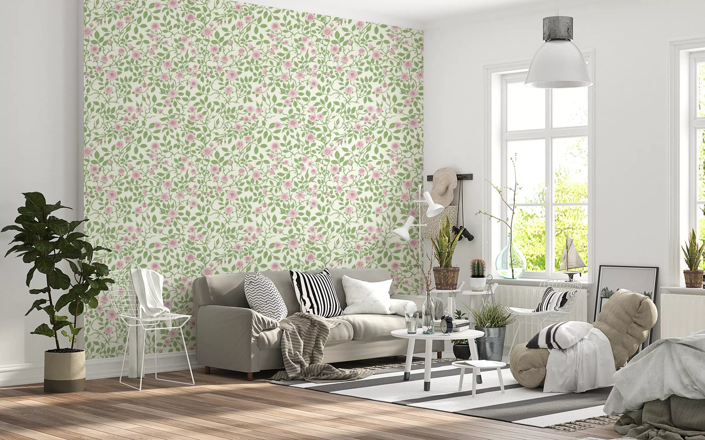 Blush pink wallpaper with rose vine clusters and sage green foliage.