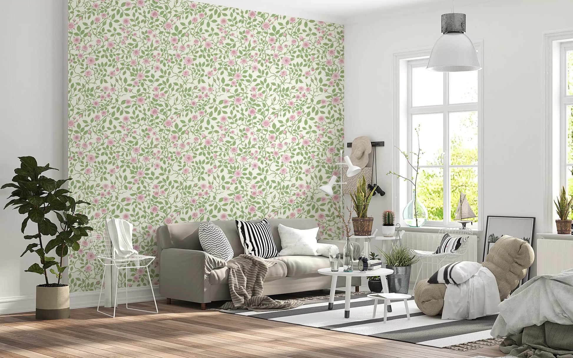 Blush pink wallpaper with rose vine clusters and sage green foliage.