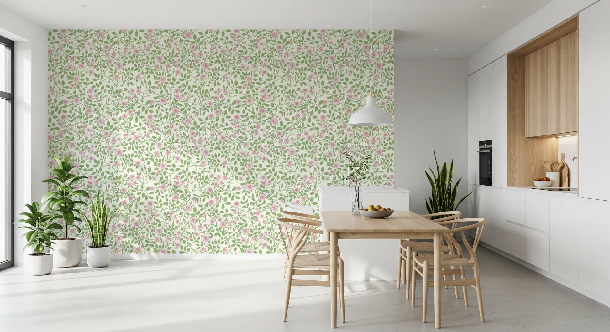 Wallpaper showing pink rose and green vine trailing pattern.