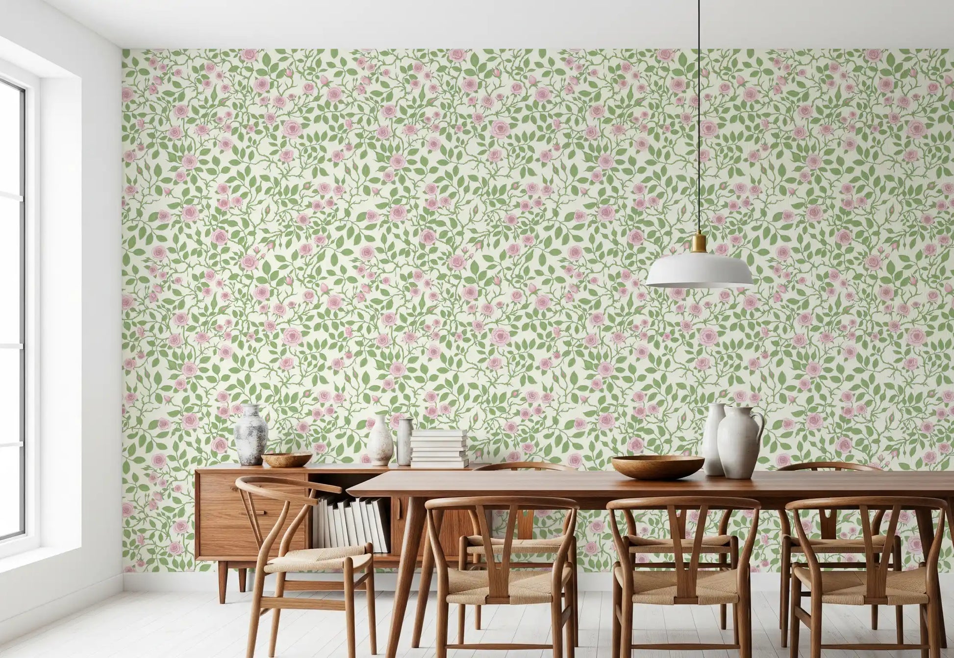 Cream background wallpaper with soft pink roses and curving green branches in dining room.
