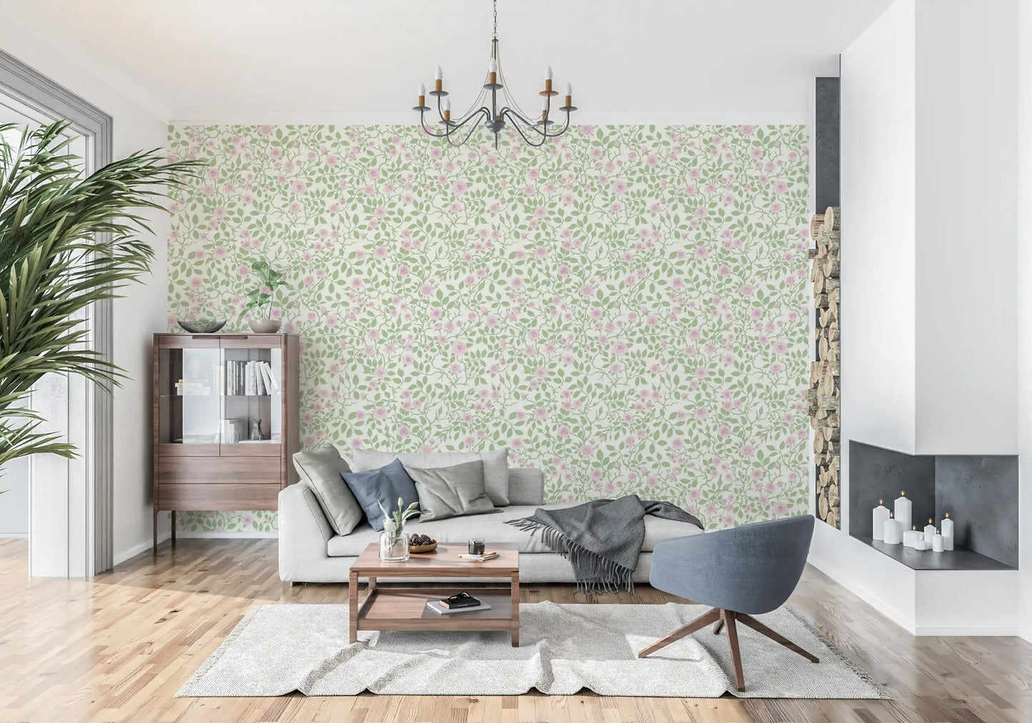 Pink and green wallpaper with climbing rose vines and closed buds on cream.