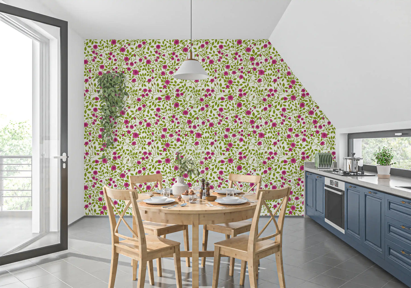 Dining room wallpaper with magenta roses and lime green trellis on pale background.