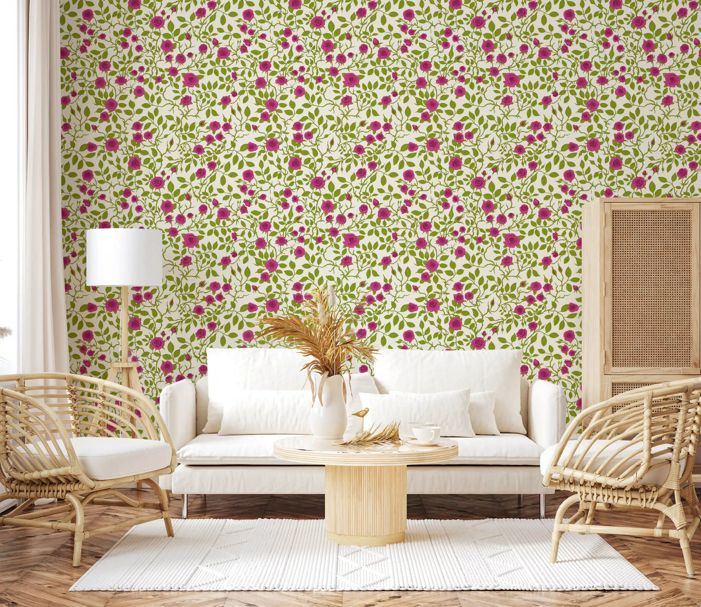 Blooming rose trellis wallpaper with lime green leaves on cream.