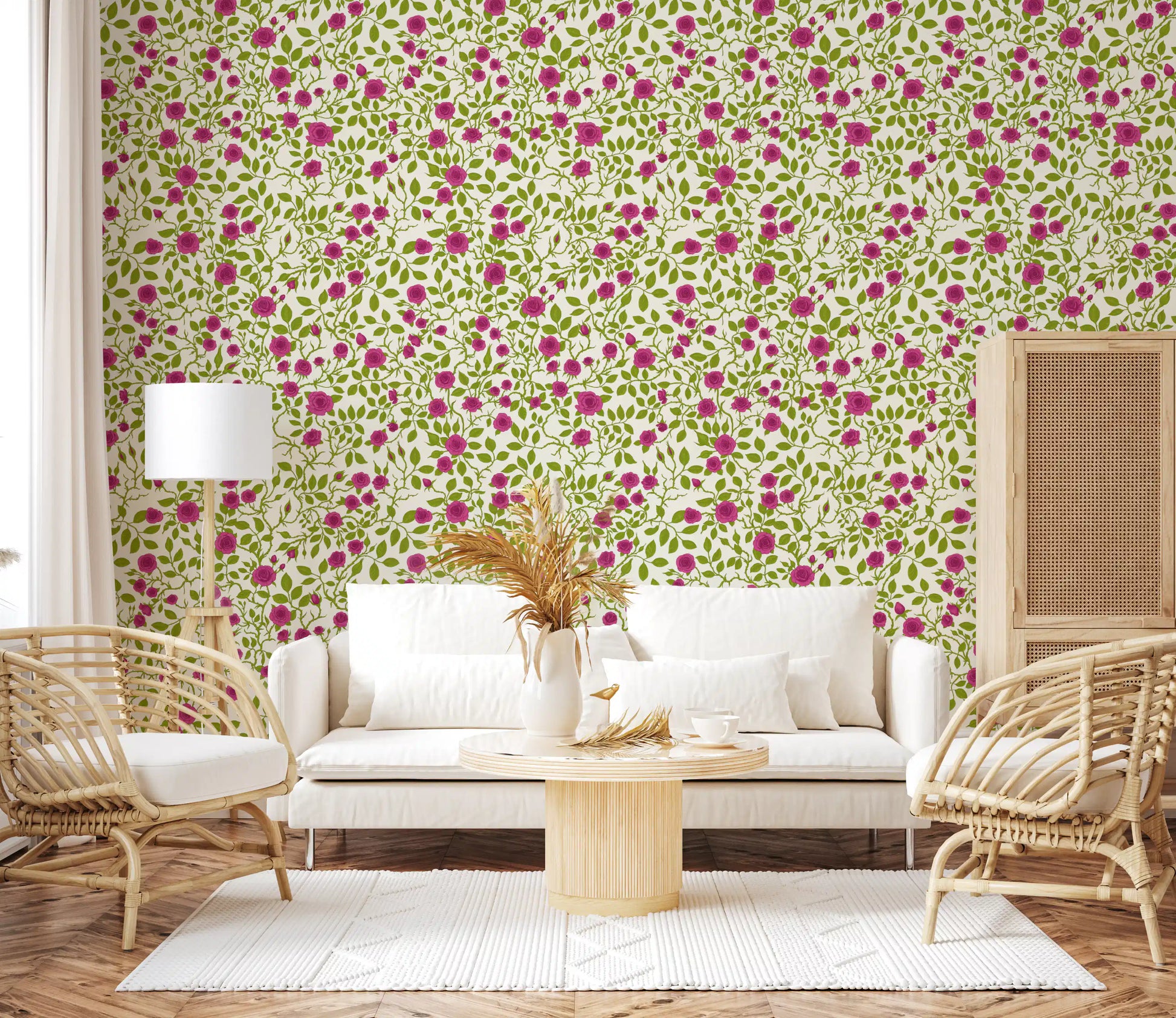 Blooming rose trellis wallpaper with lime green leaves on cream.
