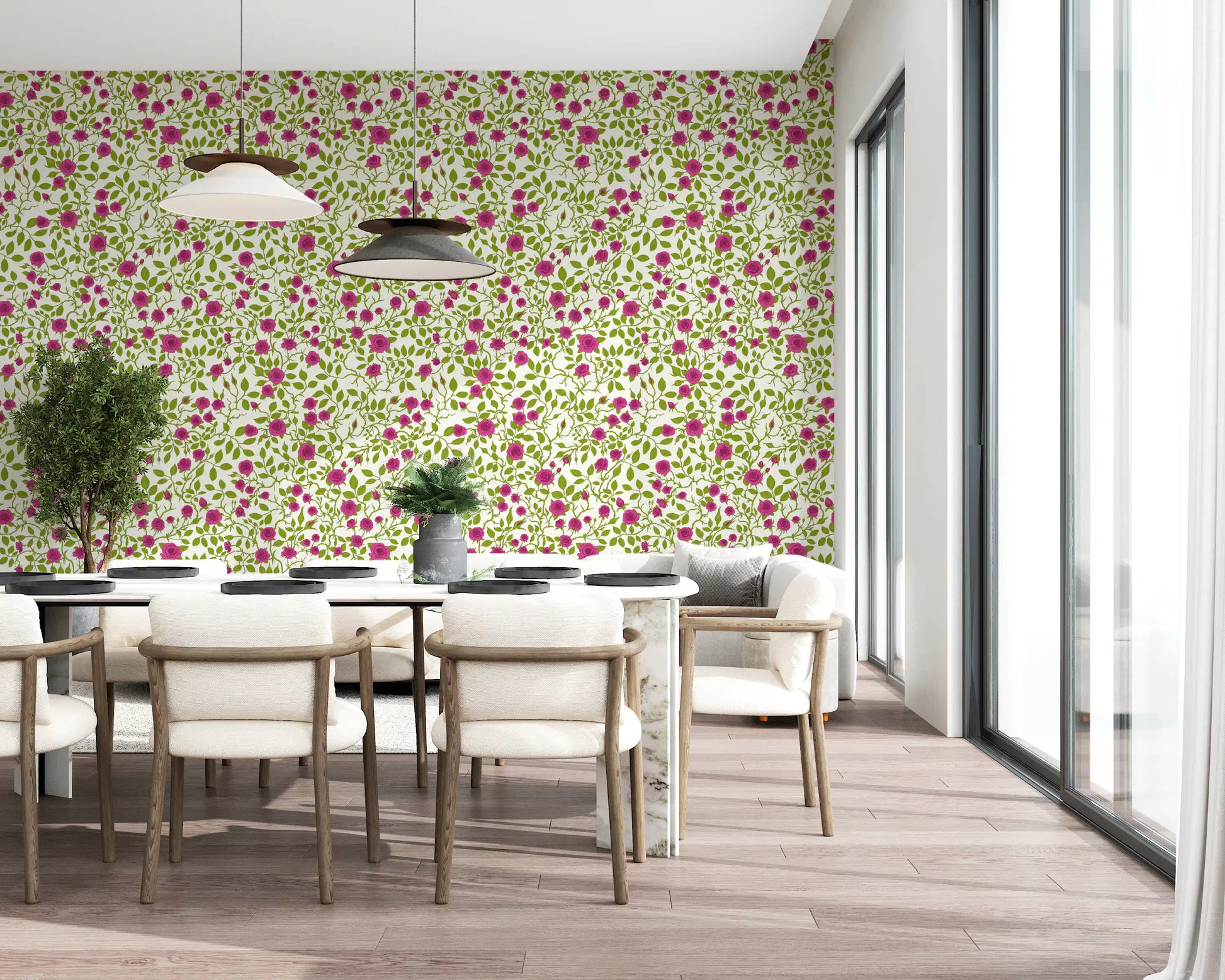 Magenta floral vine wallpaper with open roses and tight closed buds.