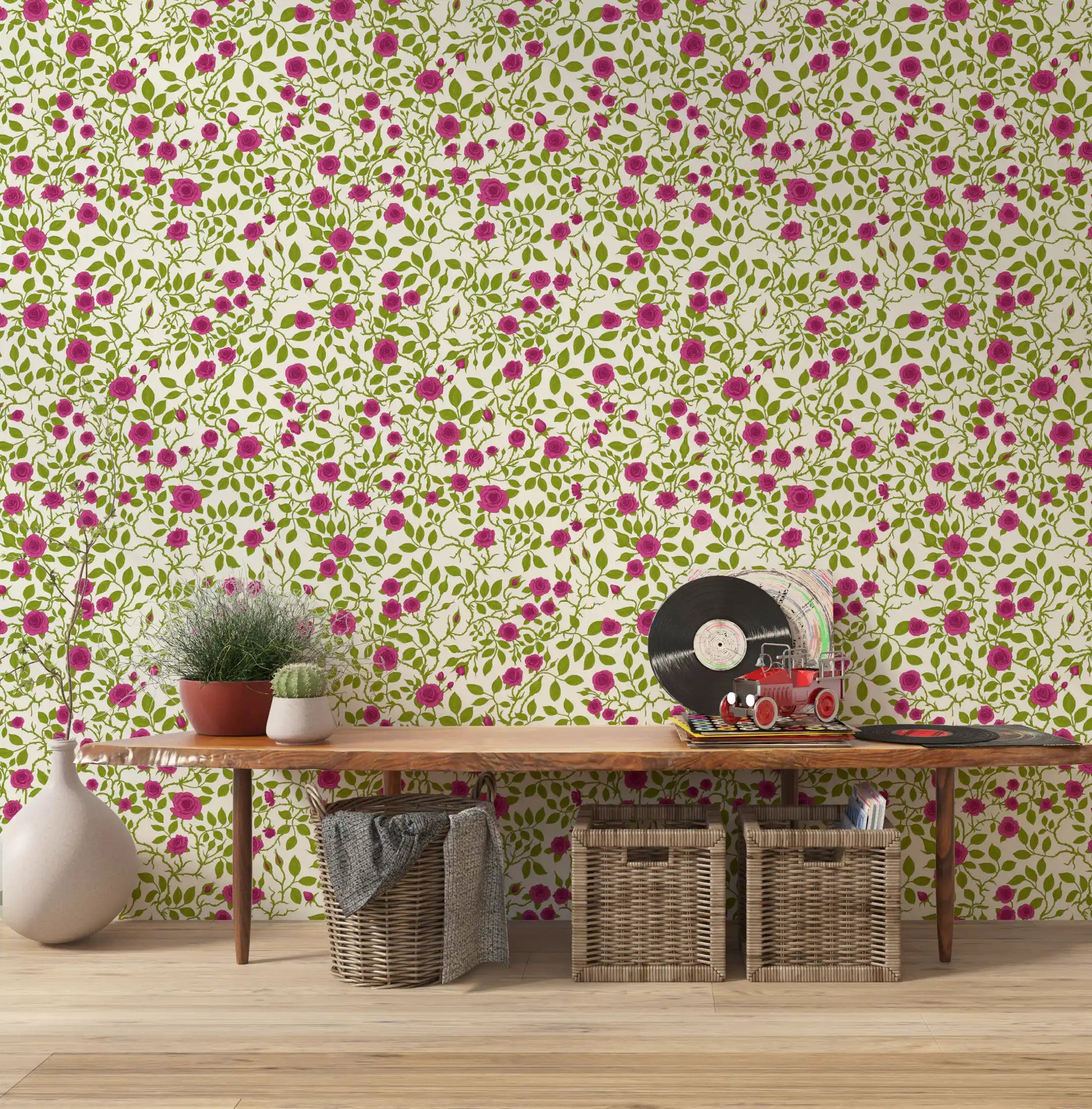 Hallway wallpaper with blooming rose trellis in pink and green. 