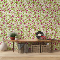 Hallway wallpaper with blooming rose trellis in pink and green. 