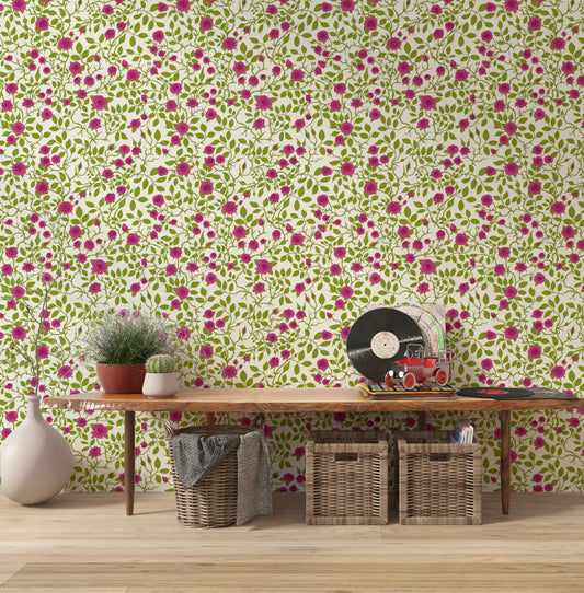 Hallway wallpaper with blooming rose trellis in pink and green. 