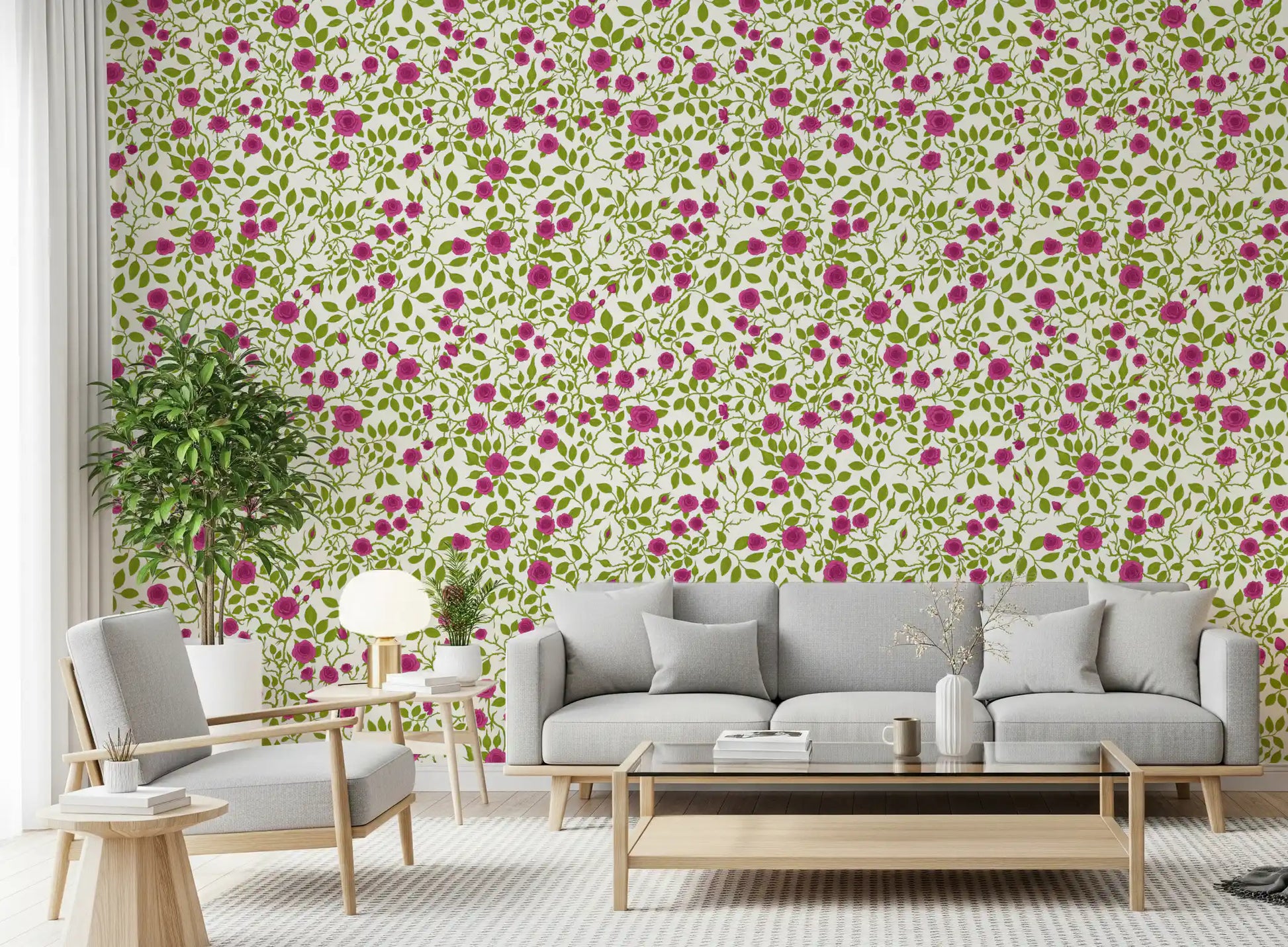 Magenta and green wallpaper with trailing rose vine repeat on cream base.