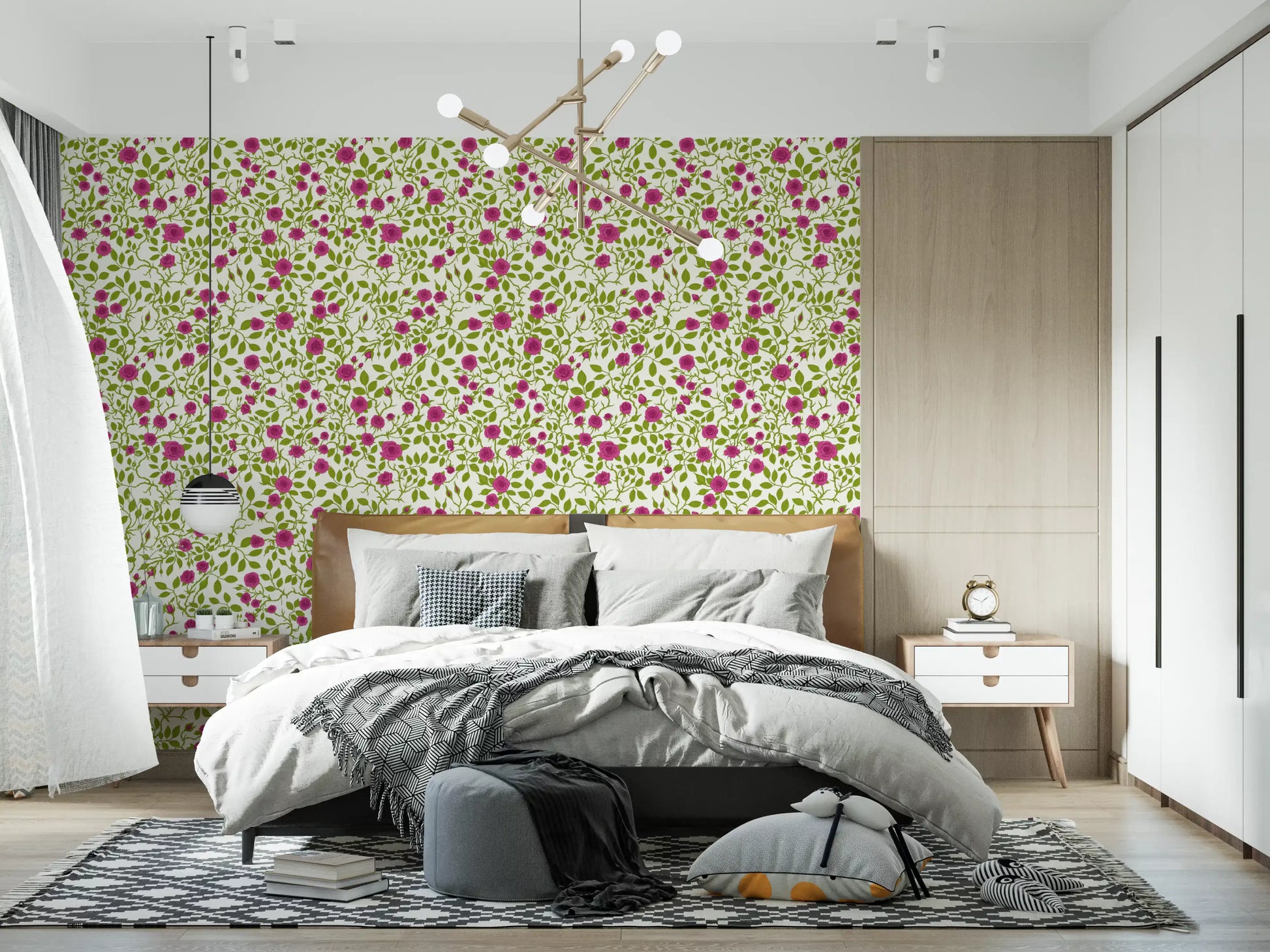 Cream background wallpaper with saturated magenta roses and green foliage.