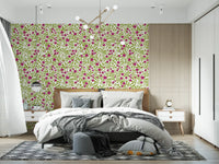 Cream background wallpaper with saturated magenta roses and green foliage.