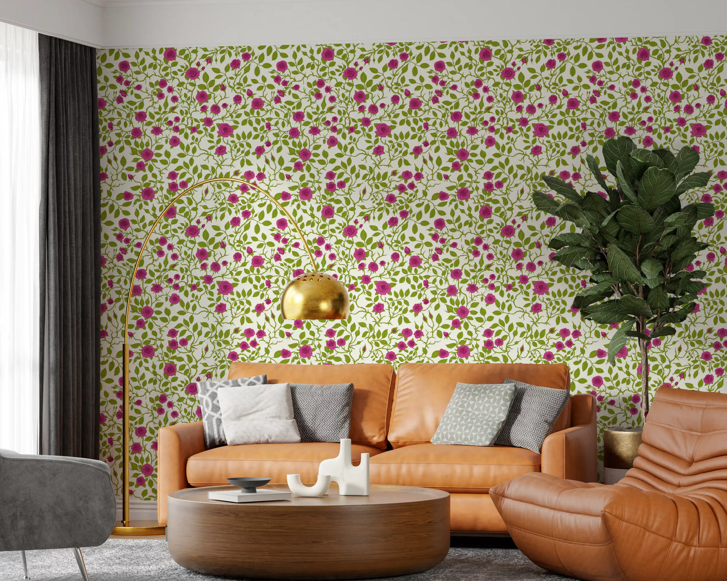 Deep pink wallpaper with rose vine clusters and vivid lime green leaves.