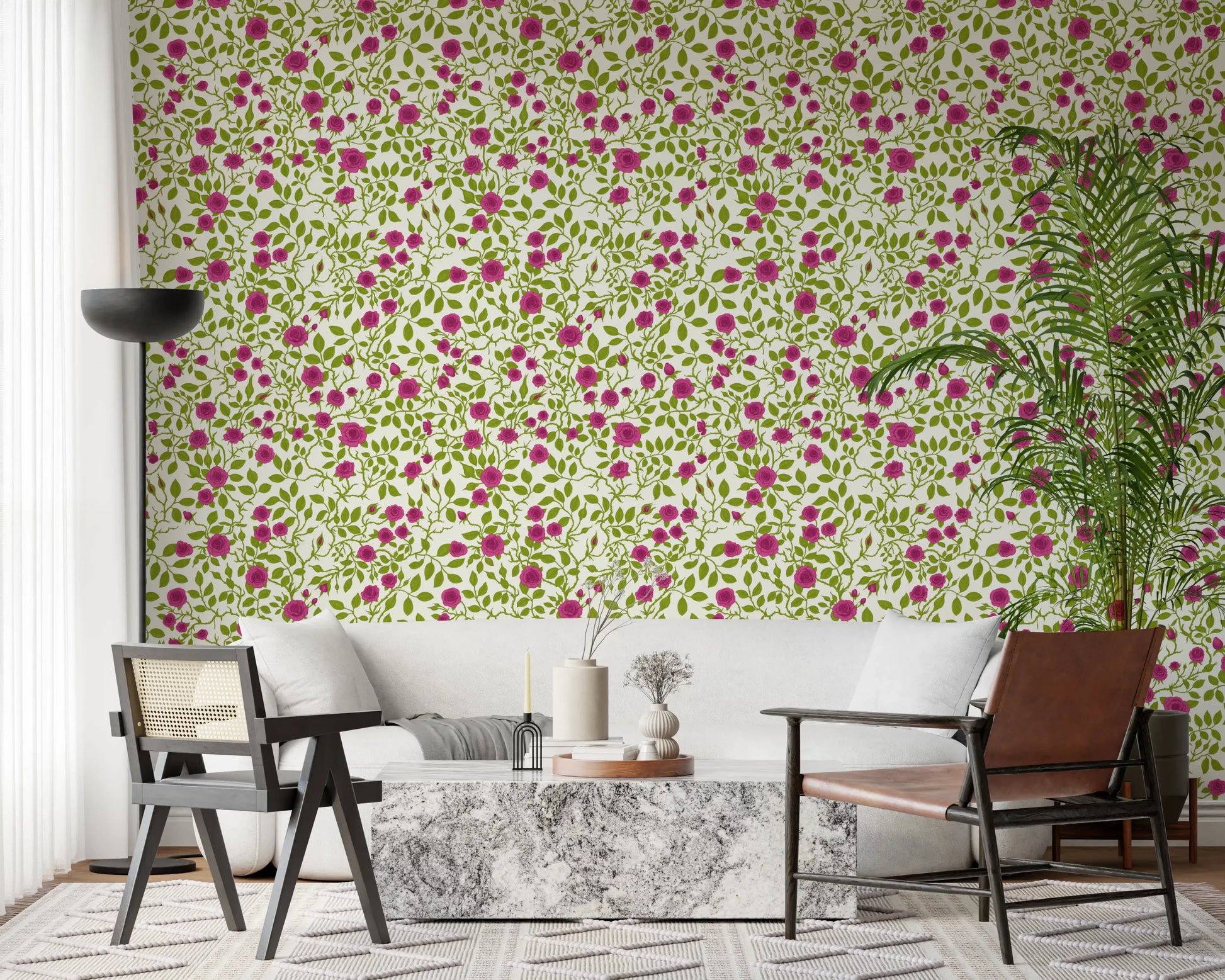 Wallpaper showing magenta rose and green vine trellis pattern.