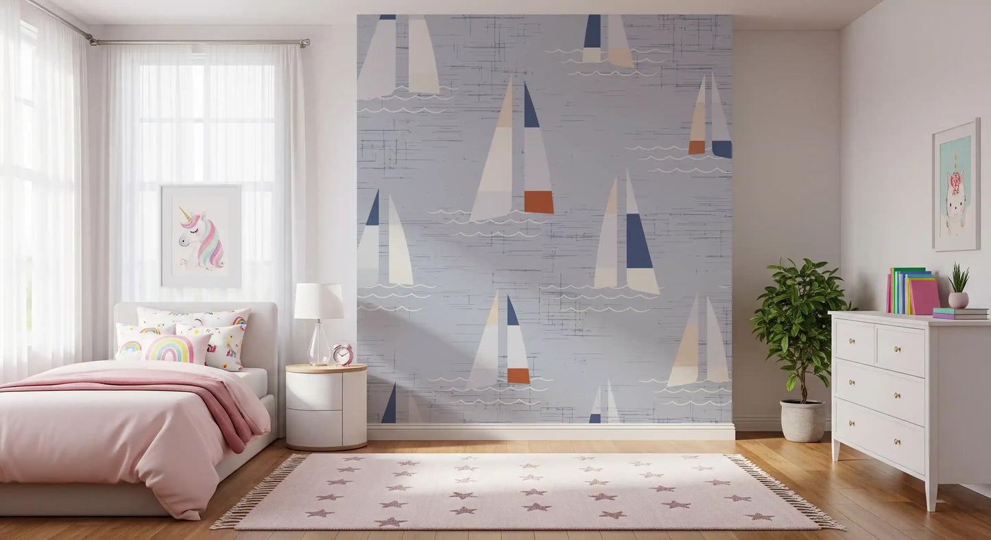Bedroom sailboat wall mural with coastal blue tones and nautical motifs.