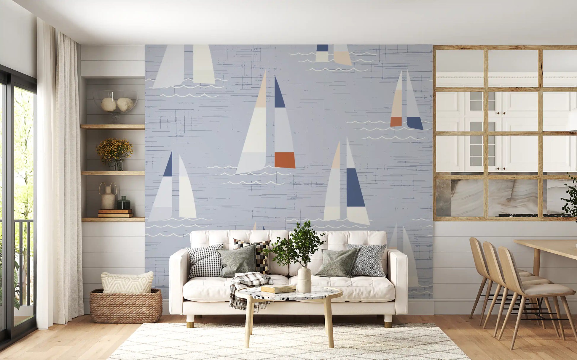 Mid century coastal wall mural with sailing boats and textured background.
