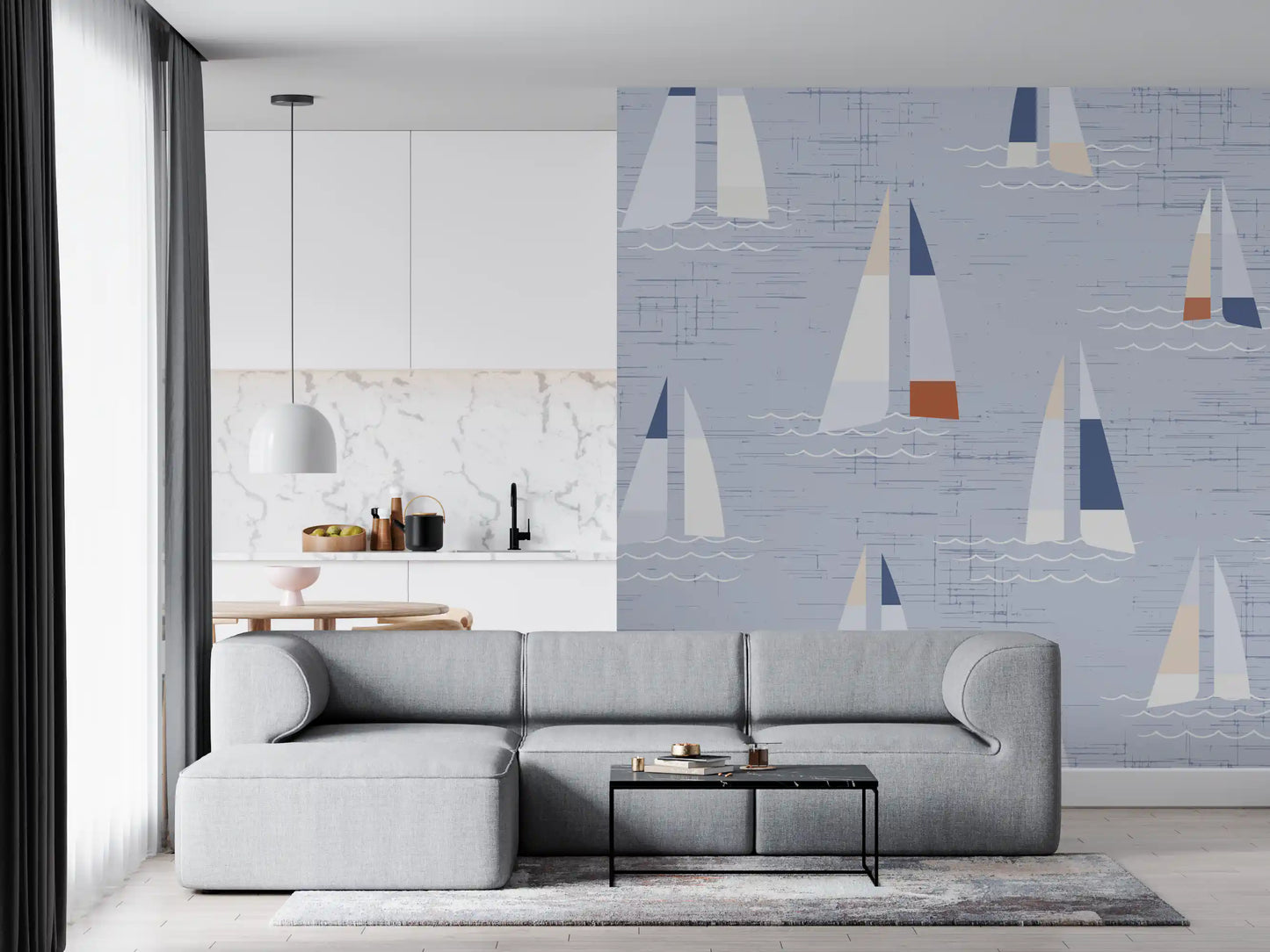 Nautical sailboat wall mural with peach and rust accent sails on light blue.