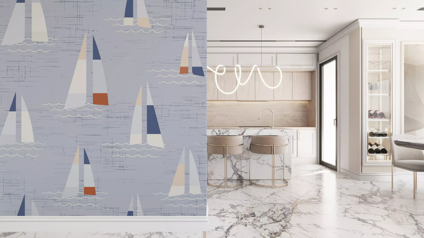 Repeat pattern sailboat wall mural in soft blue with mid century styling.
