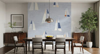 Nautical wave and sailboat wall mural in blue with multi-colour sails for dining room.