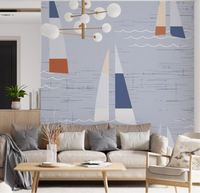 Living room nautical sailboat wall mural in light blue with wave details.