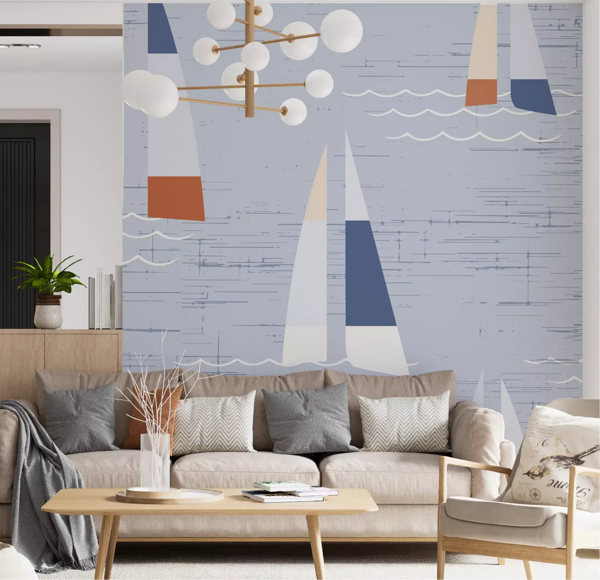 Living room nautical sailboat wall mural in light blue with wave details., GD10560