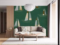Nautical sailboat wall mural with brown and grey sail accents.