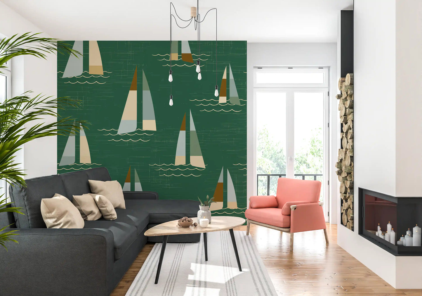Nautical sailboat wall mural with brown and beige accent sails on green.