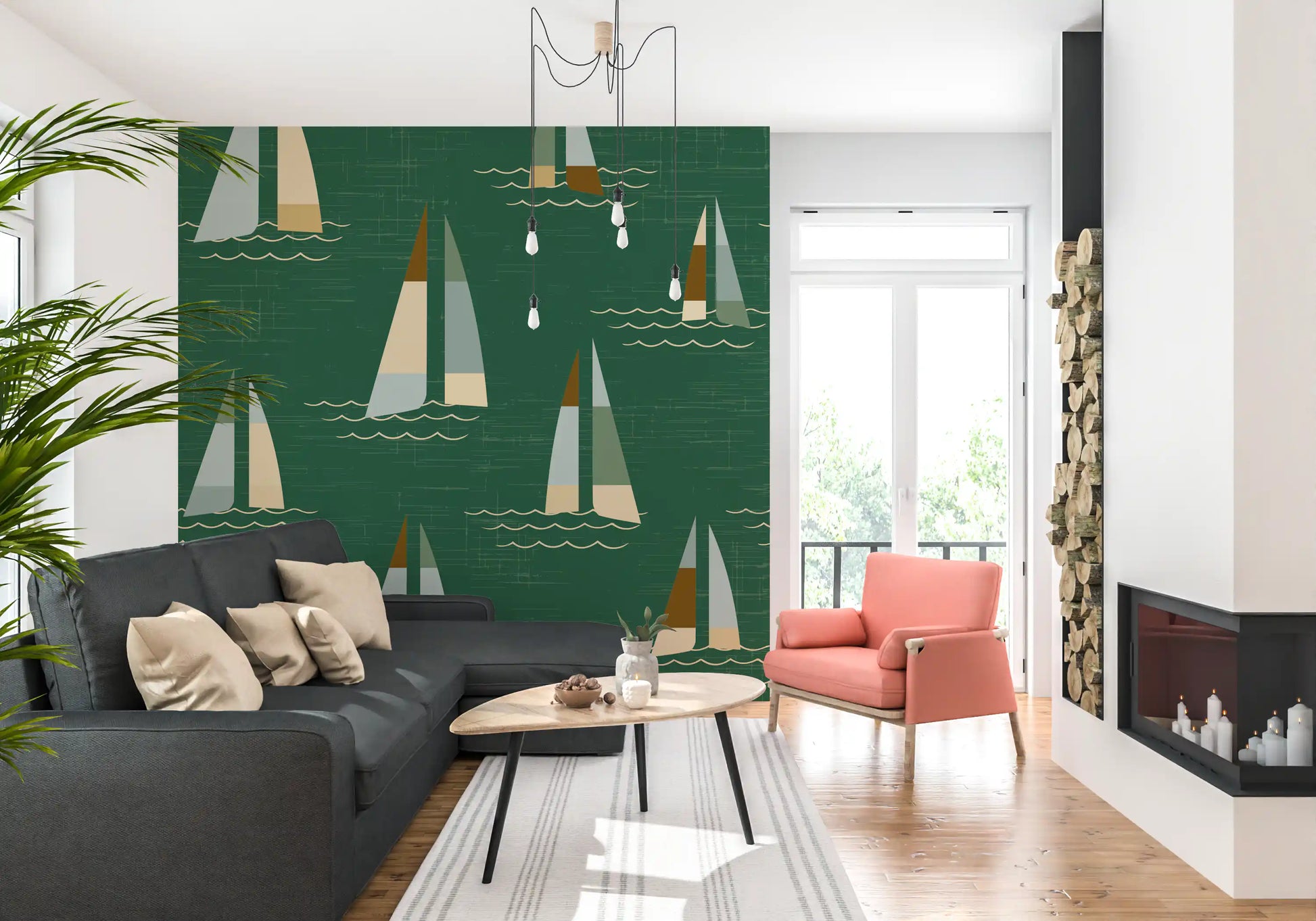 Nautical sailboat wall mural with brown and beige accent sails on green.