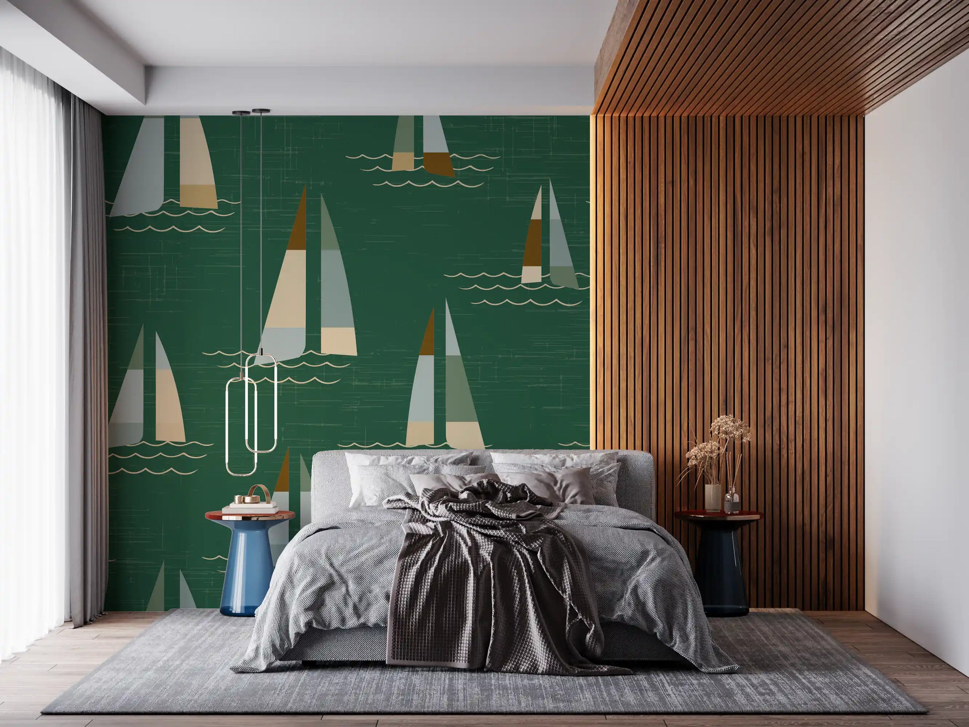 Deep green wall mural with scattered sailboat motifs and white wave line in bedroom.
