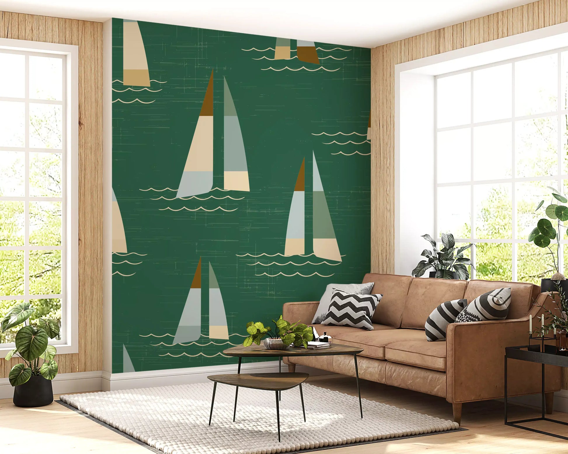 Mid century coastal wall mural with sailing boats and linen textured green