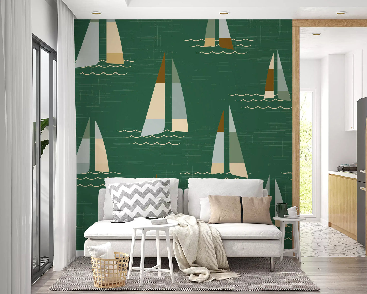 Wall mural showing mid century sailboat on deep green ground.