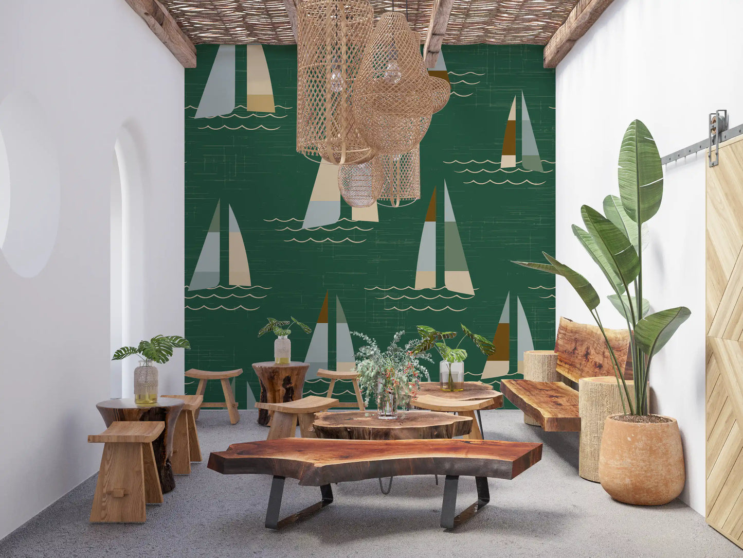 Green sailboat wall mural with brown and sage colour block sail accents.
