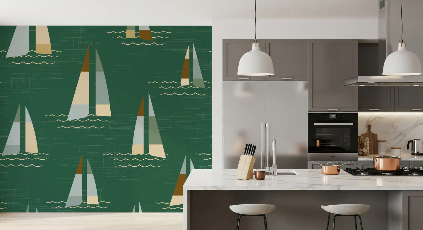 Nautical wave and sailboat wall mural in kitchen with multi-toned sails.