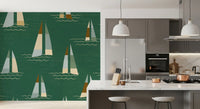 Nautical wave and sailboat wall mural in kitchen with multi-toned sails.